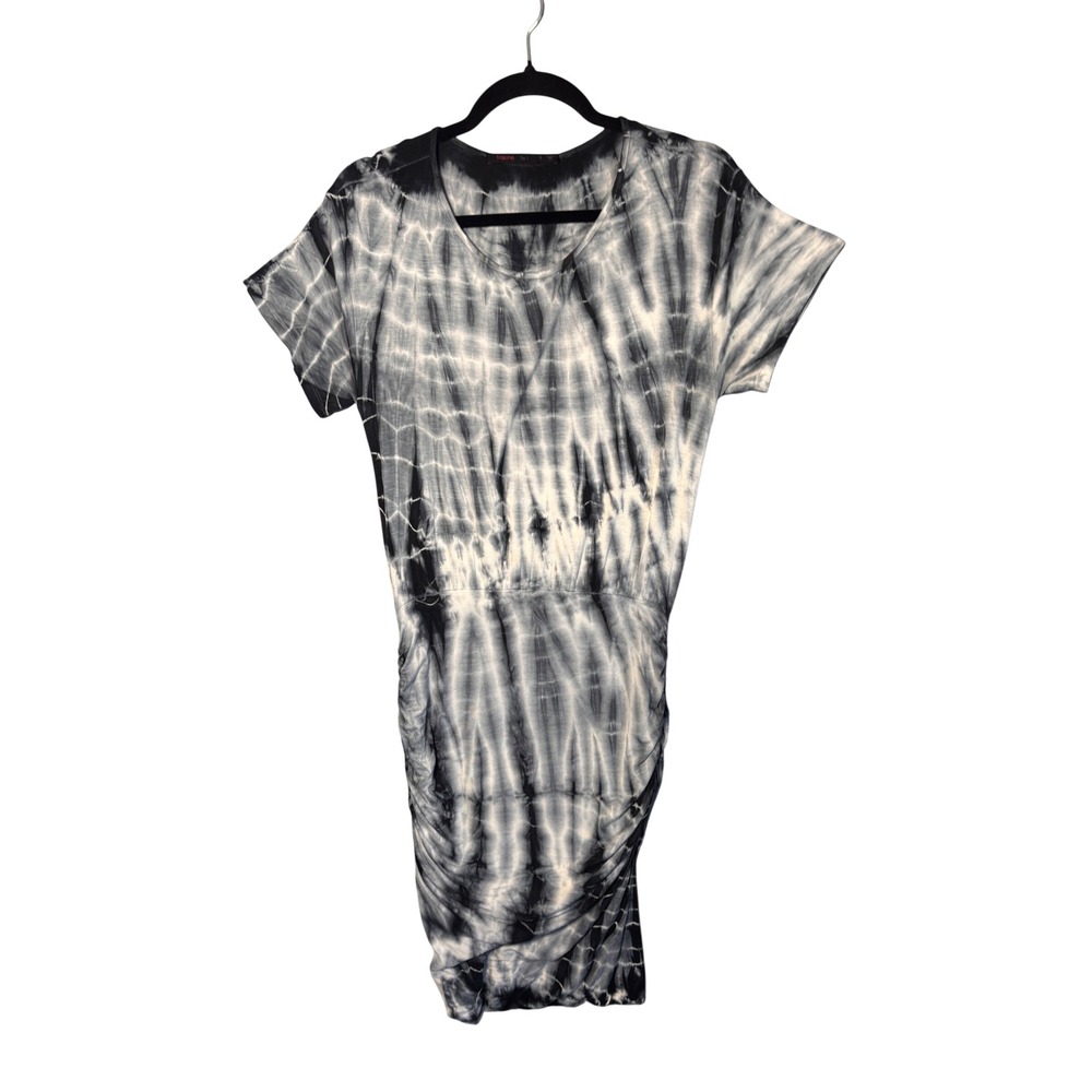 Fraiche by J Womens Dress S Black White Tie Dye Ruched Midi Grunge Boho
